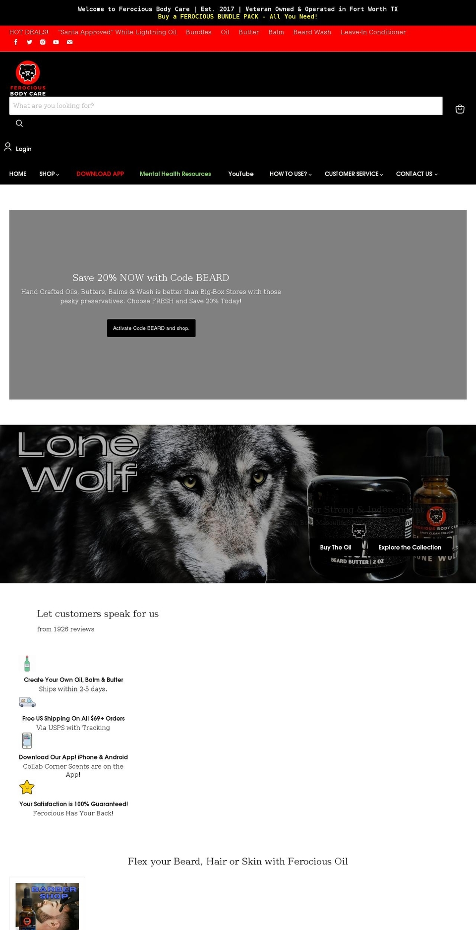 ferociousbodycare.com — Shopify storefront screenshot