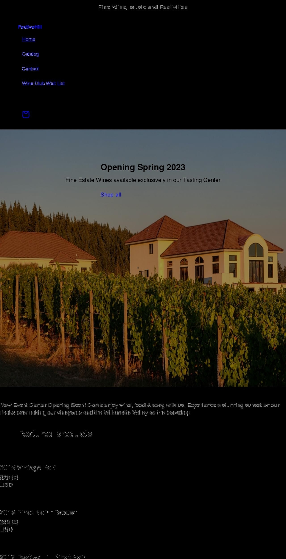 festivehillwinery.com shopify website screenshot