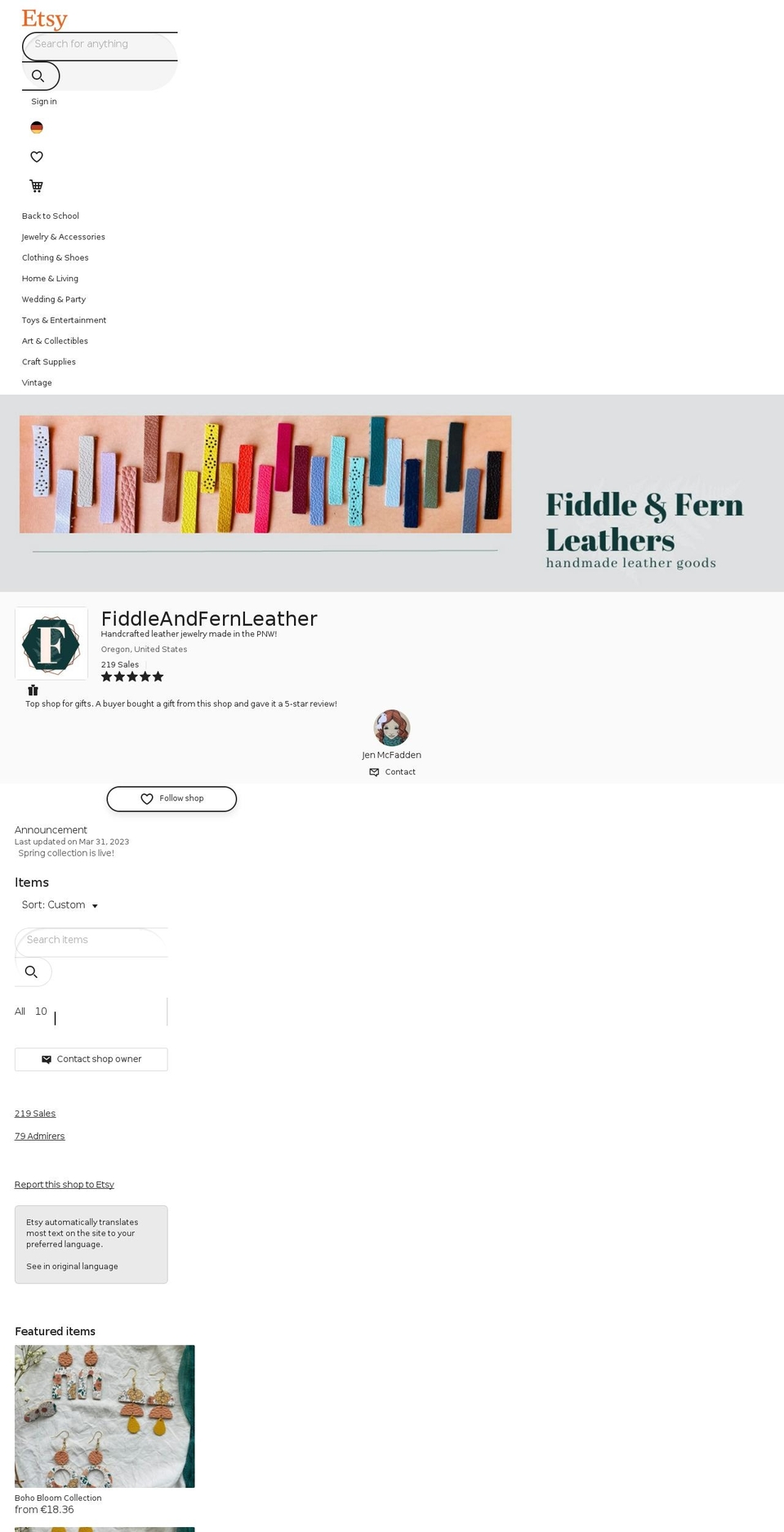 fiddleandfernleathers.com shopify website screenshot