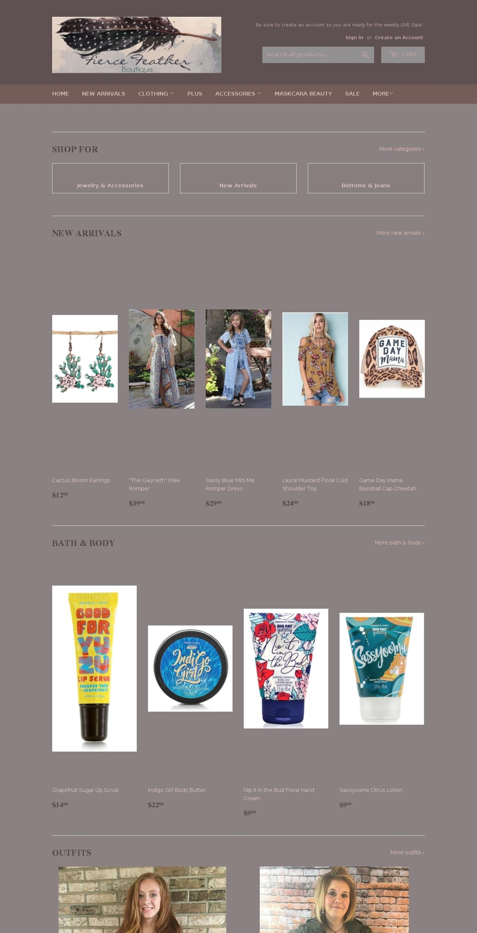 fiercefeatherboutique.com — Shopify storefront screenshot