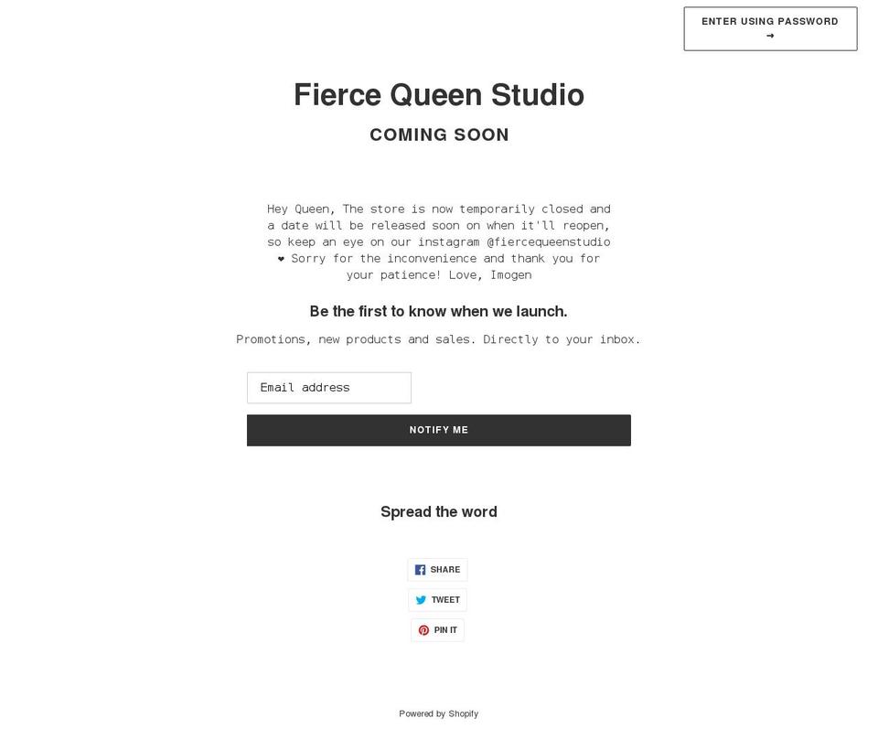 fiercequeenstudio.com shopify website screenshot