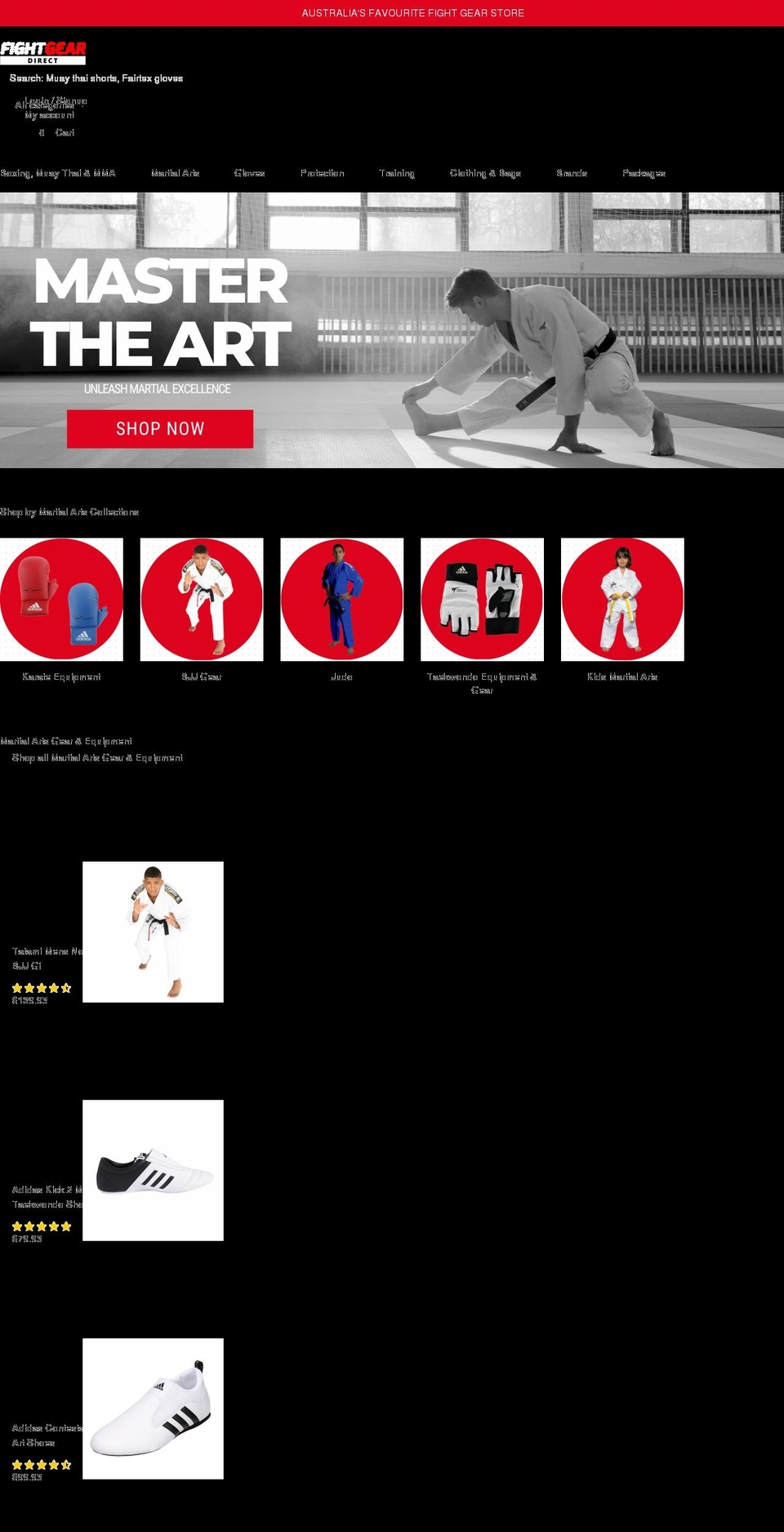 fightgeardirect.com.au shopify website screenshot