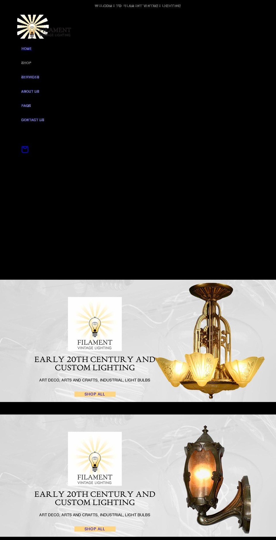 filamentvintagelighting.com shopify website screenshot