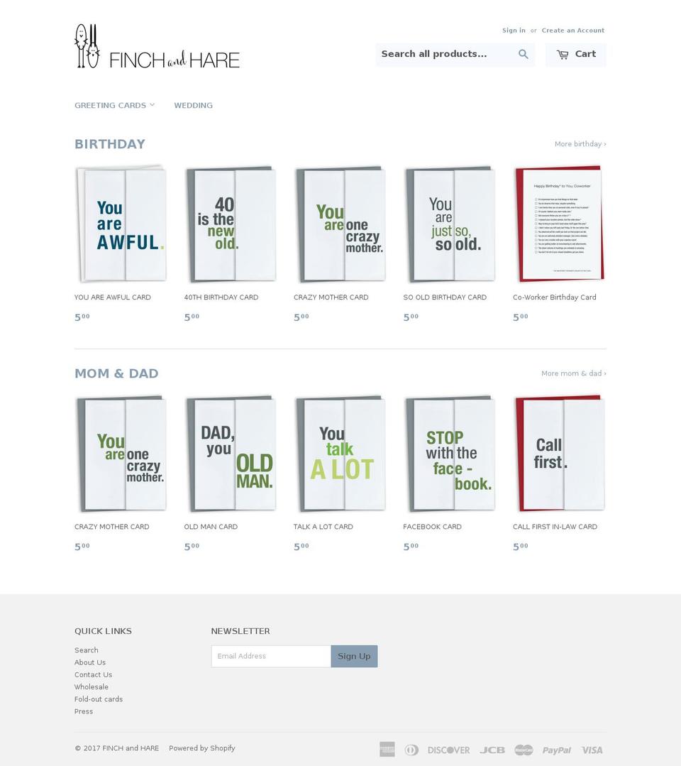 finchandhare.com shopify website screenshot