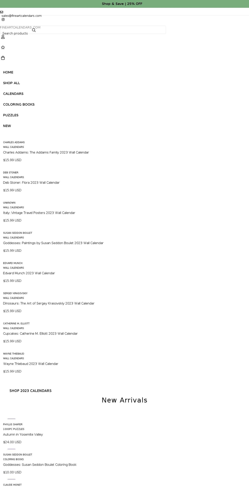 fineartcalendars.com shopify website screenshot