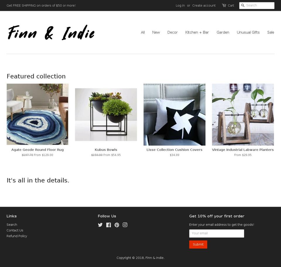 finnandindie.com — Shopify storefront screenshot
