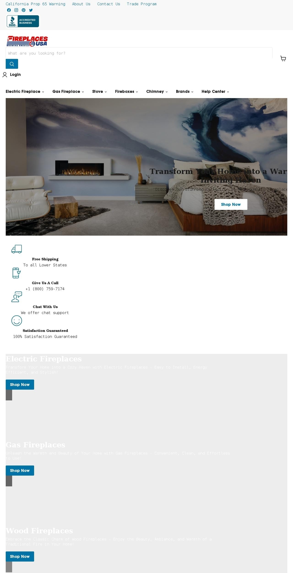 fireplacesusa.com shopify website screenshot