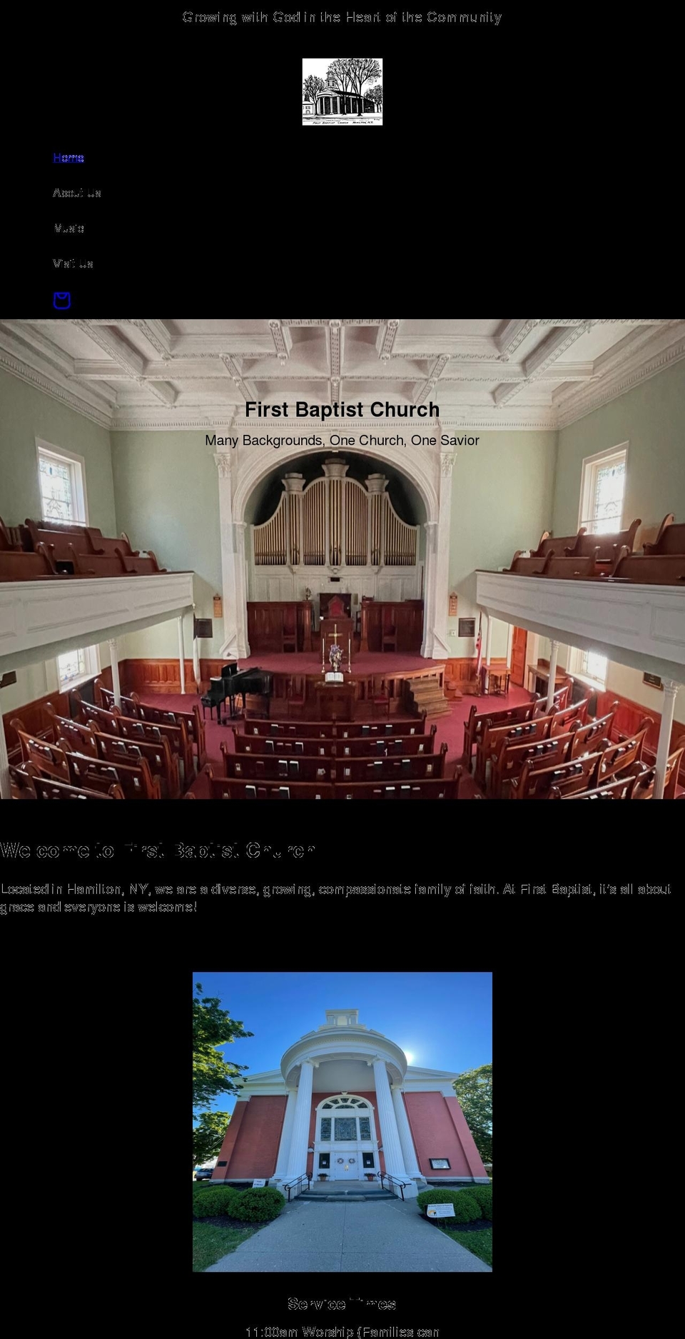 firstbaptistchurchhamilton.org shopify website screenshot