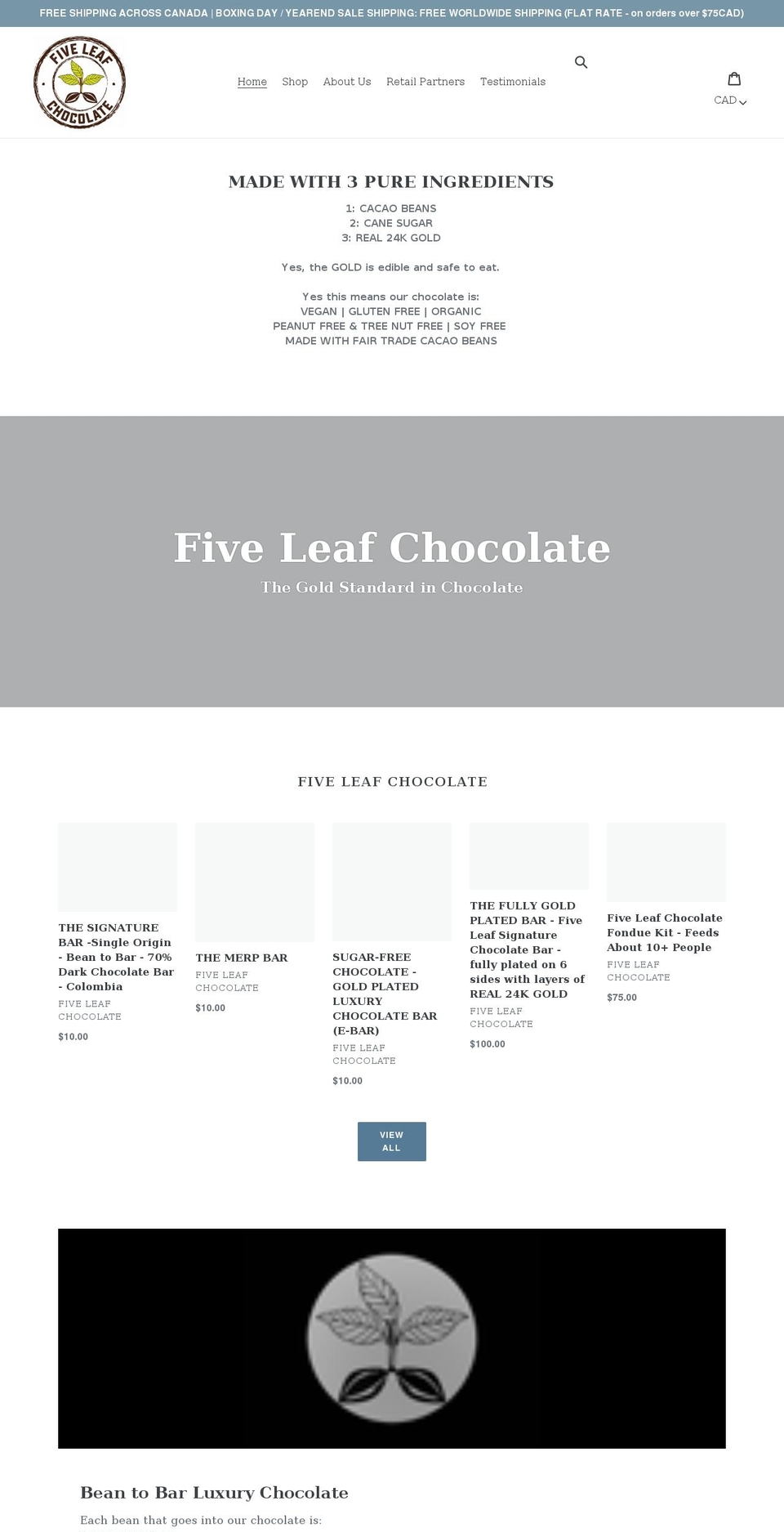 fiveleafchocolate.ca shopify website screenshot