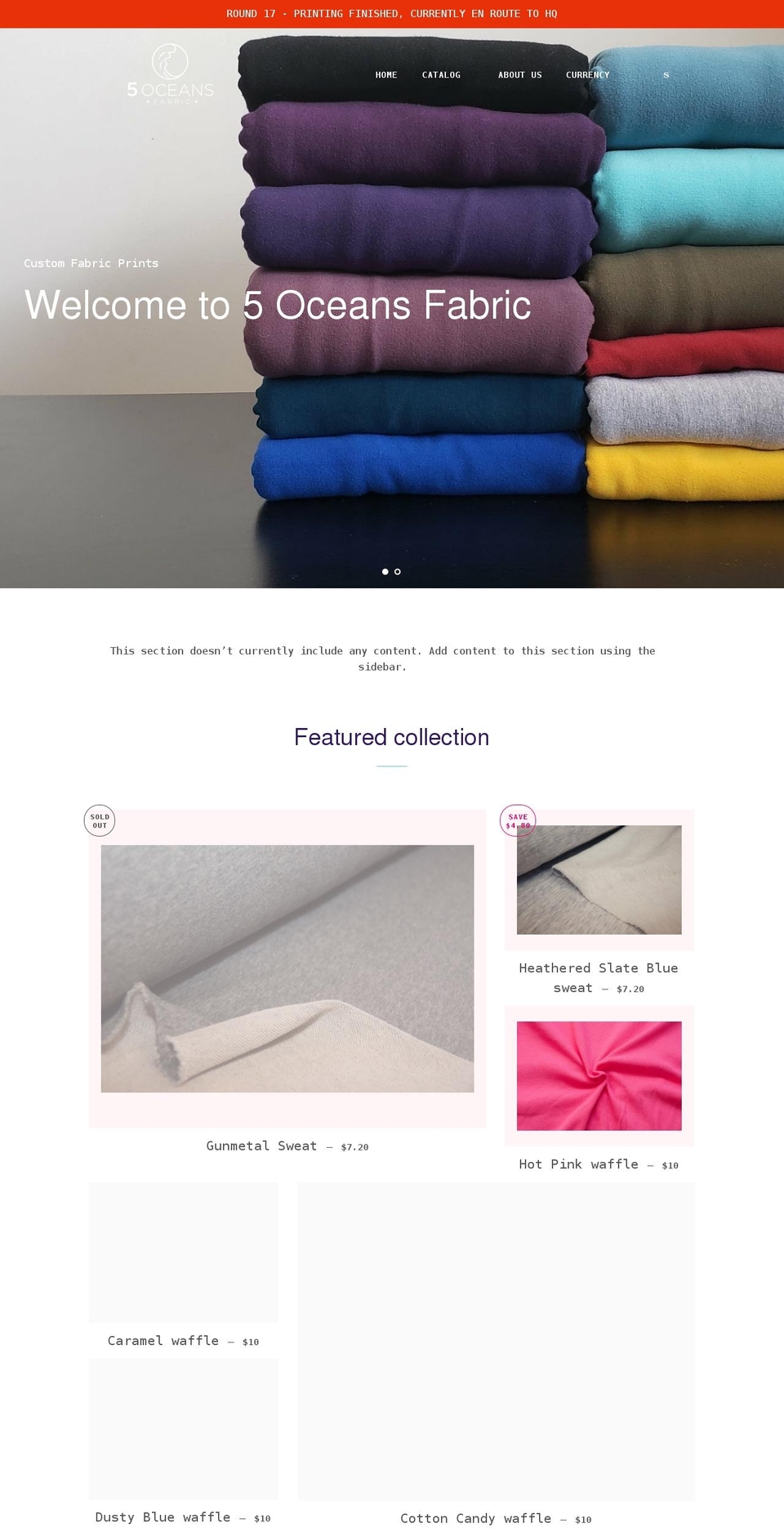 fiveoceansfabric.com shopify website screenshot