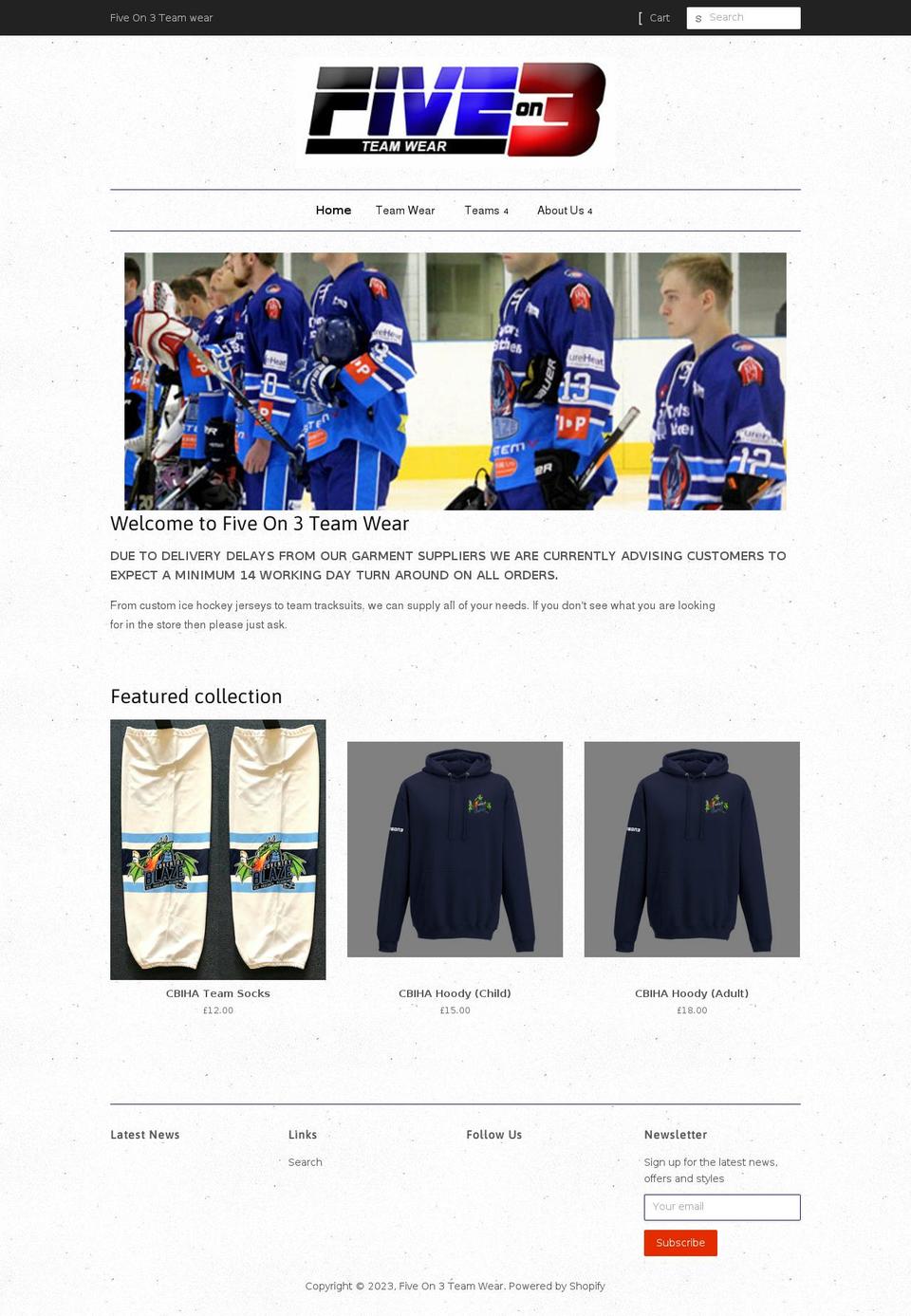 fiveon3teamwear.com — Shopify storefront screenshot