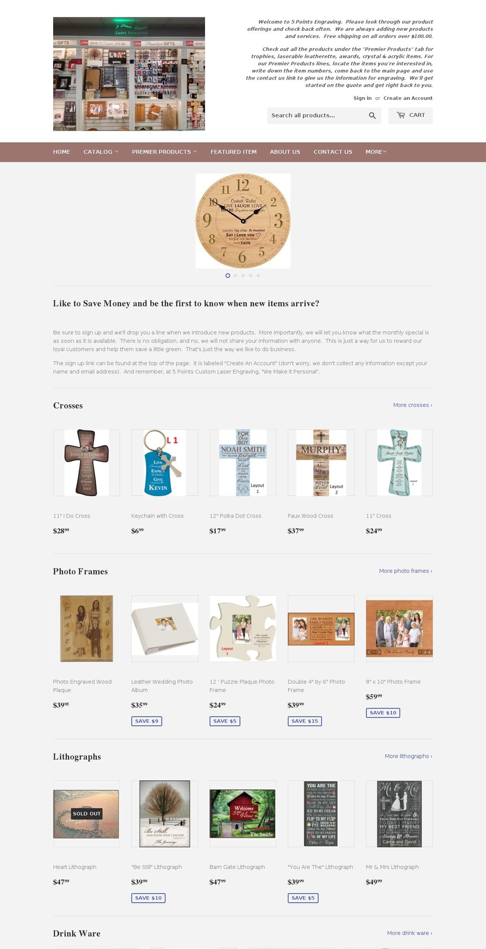 fivepointsengraving.com — Shopify storefront screenshot