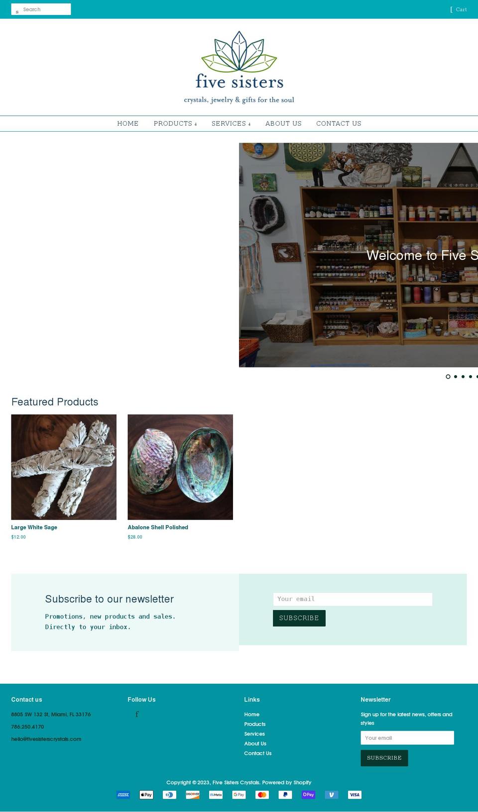 fivesisterscrystals.com shopify website screenshot
