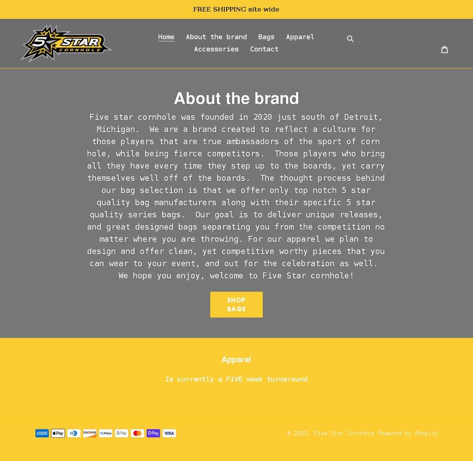 fivestarcornhole.com shopify website screenshot