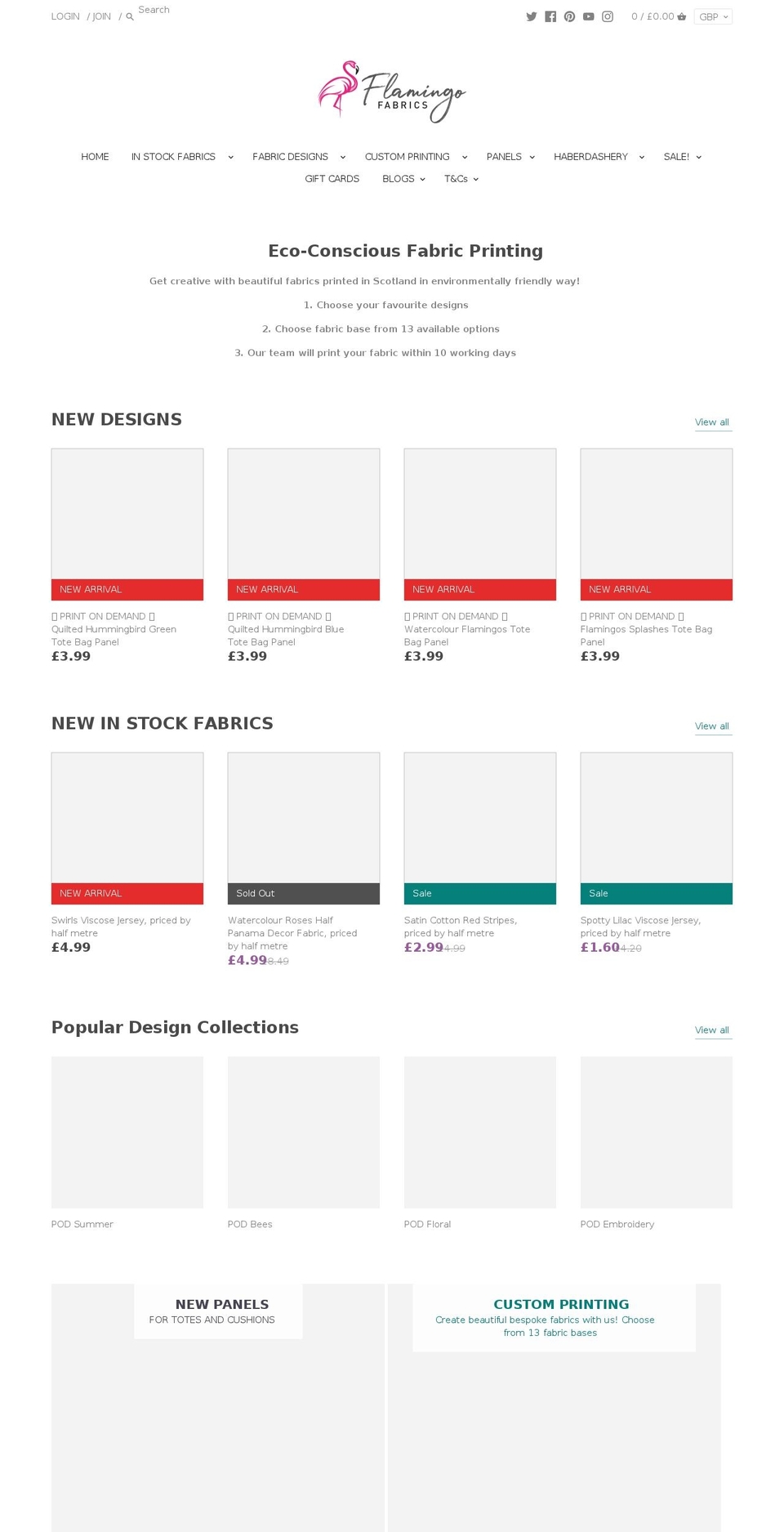 flamingofabrics.co.uk shopify website screenshot
