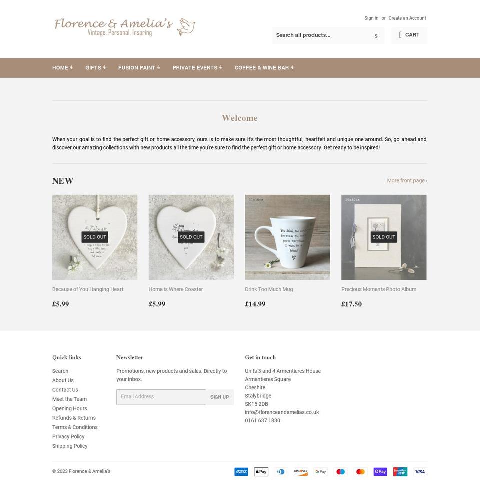 florenceandamelias.co.uk shopify website screenshot