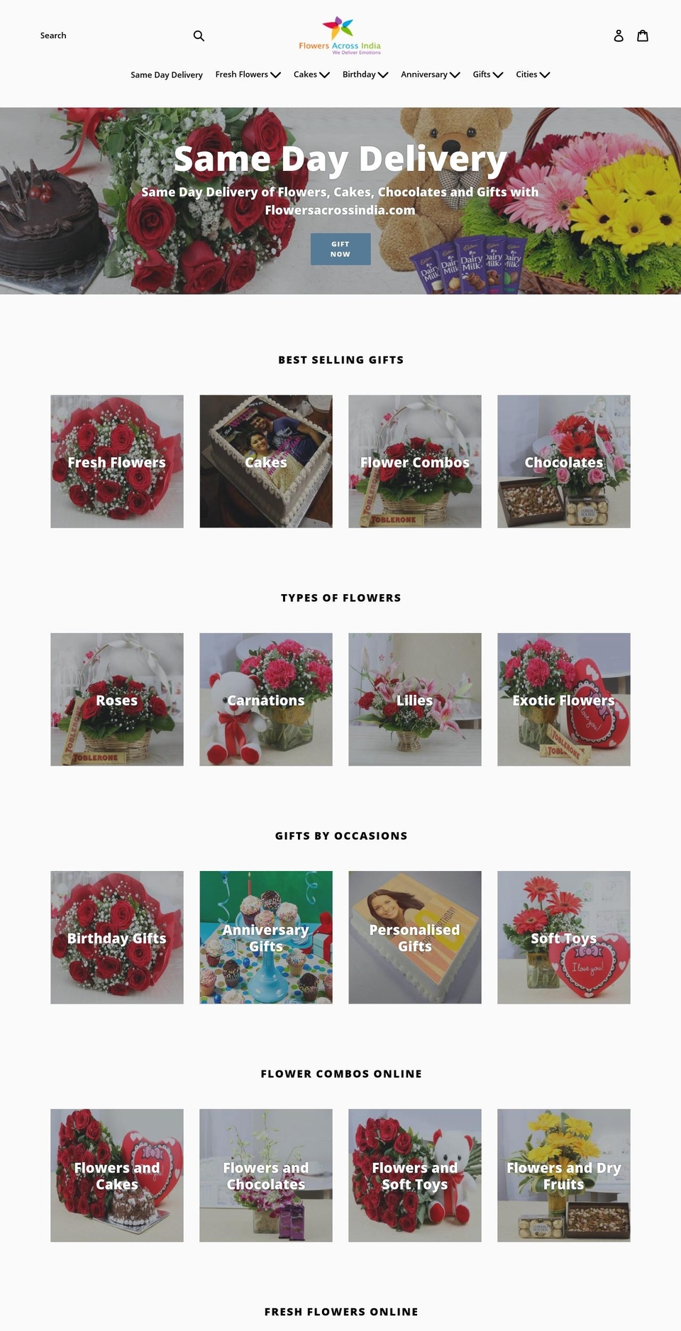 flowersacrossindia.com shopify website screenshot