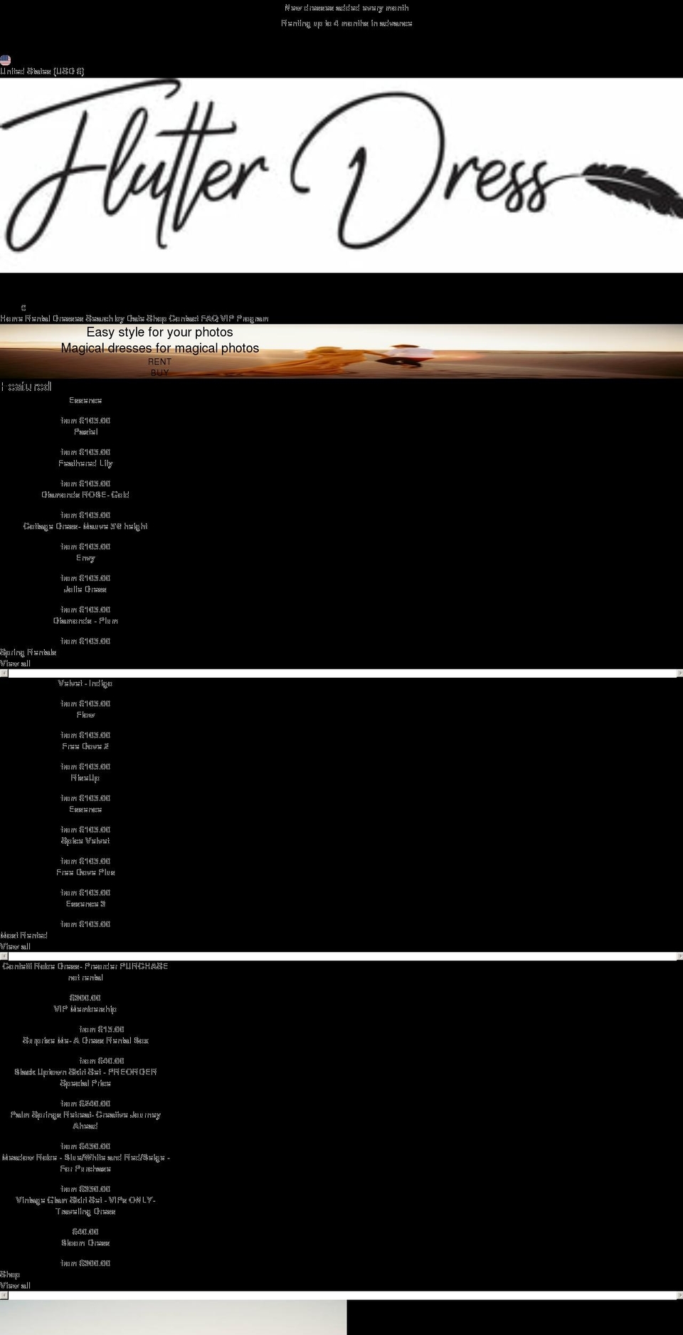 flutterdressrentals.com shopify website screenshot