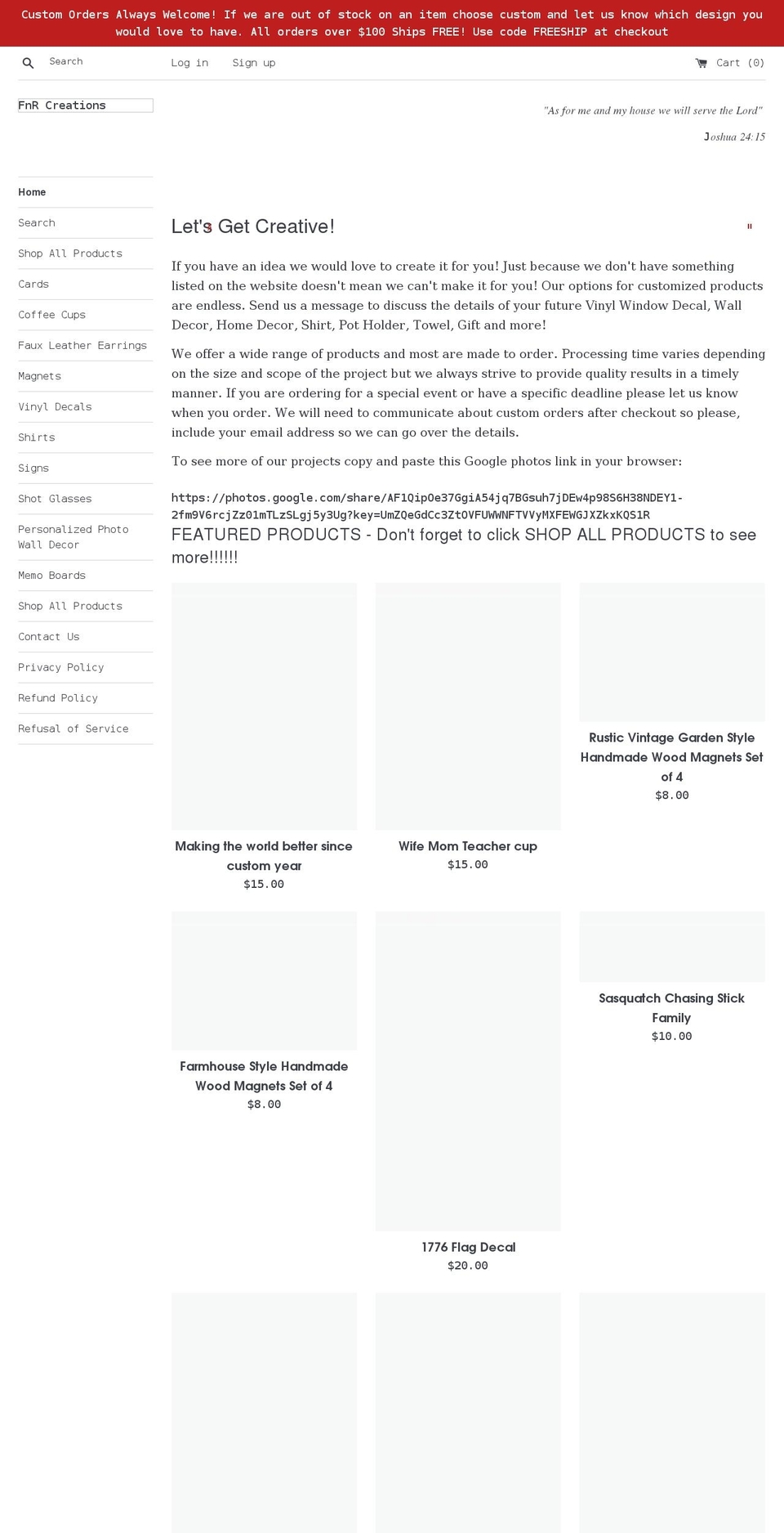 fnrcreations.com shopify website screenshot