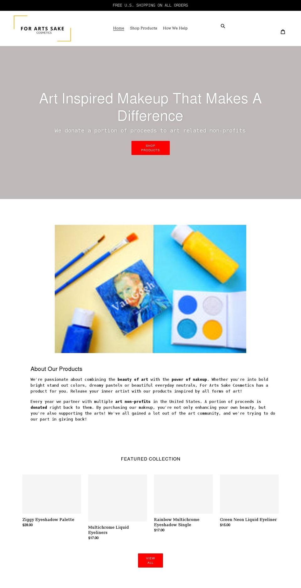 forartssakecosmetics.com shopify website screenshot