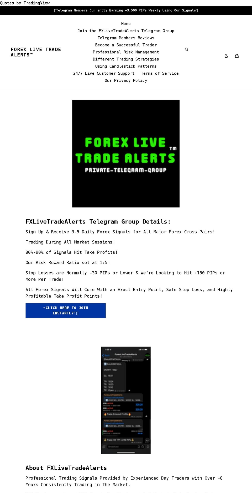 forexlivetradealerts.com shopify website screenshot