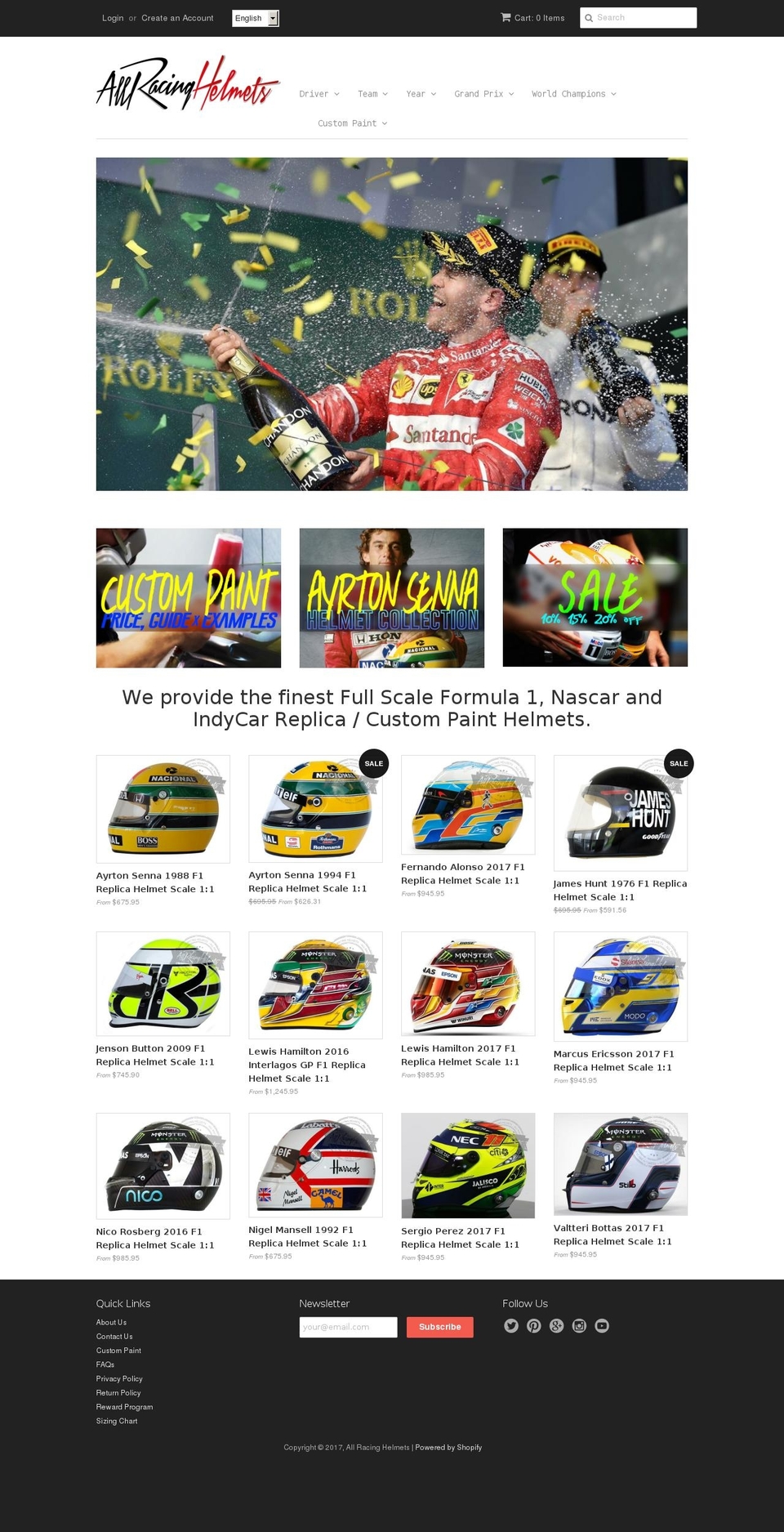 formula1helmets.com shopify website screenshot