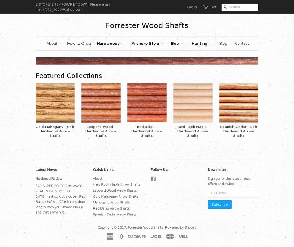 forresterwoodshafts.com shopify website screenshot
