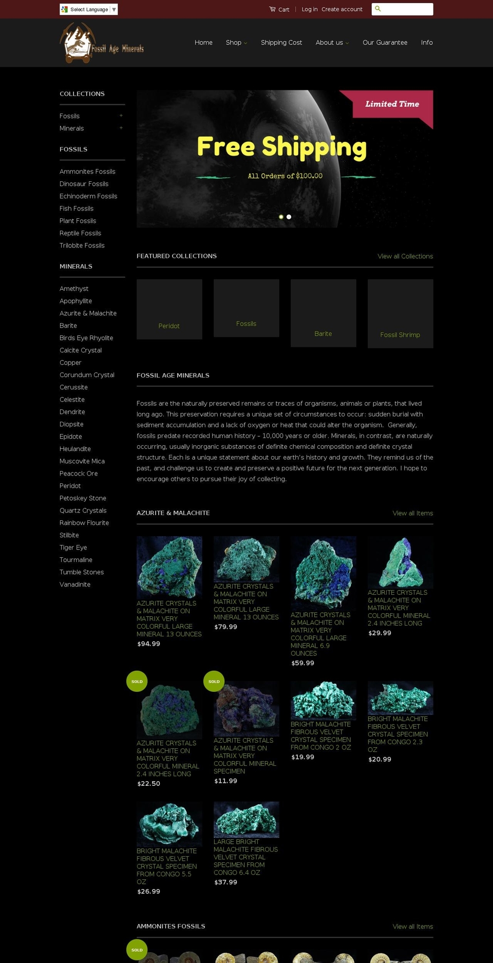 fossilageminerals.com shopify website screenshot