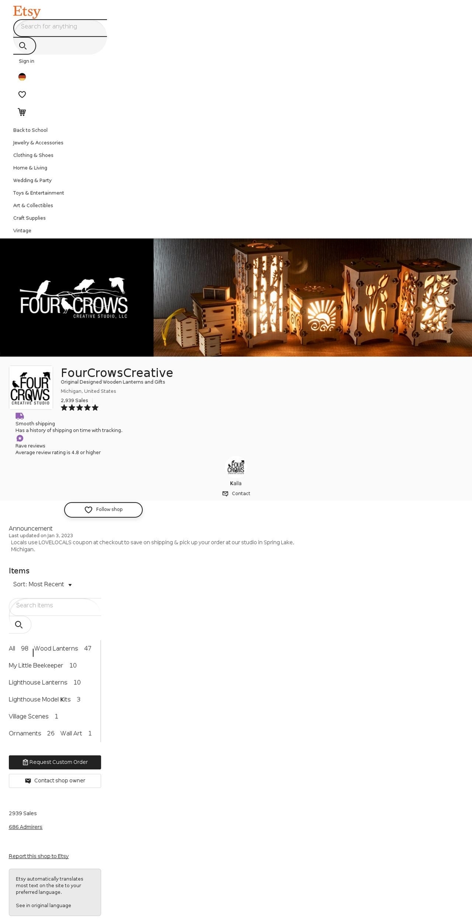 fourcrowscreative.com — Shopify storefront screenshot