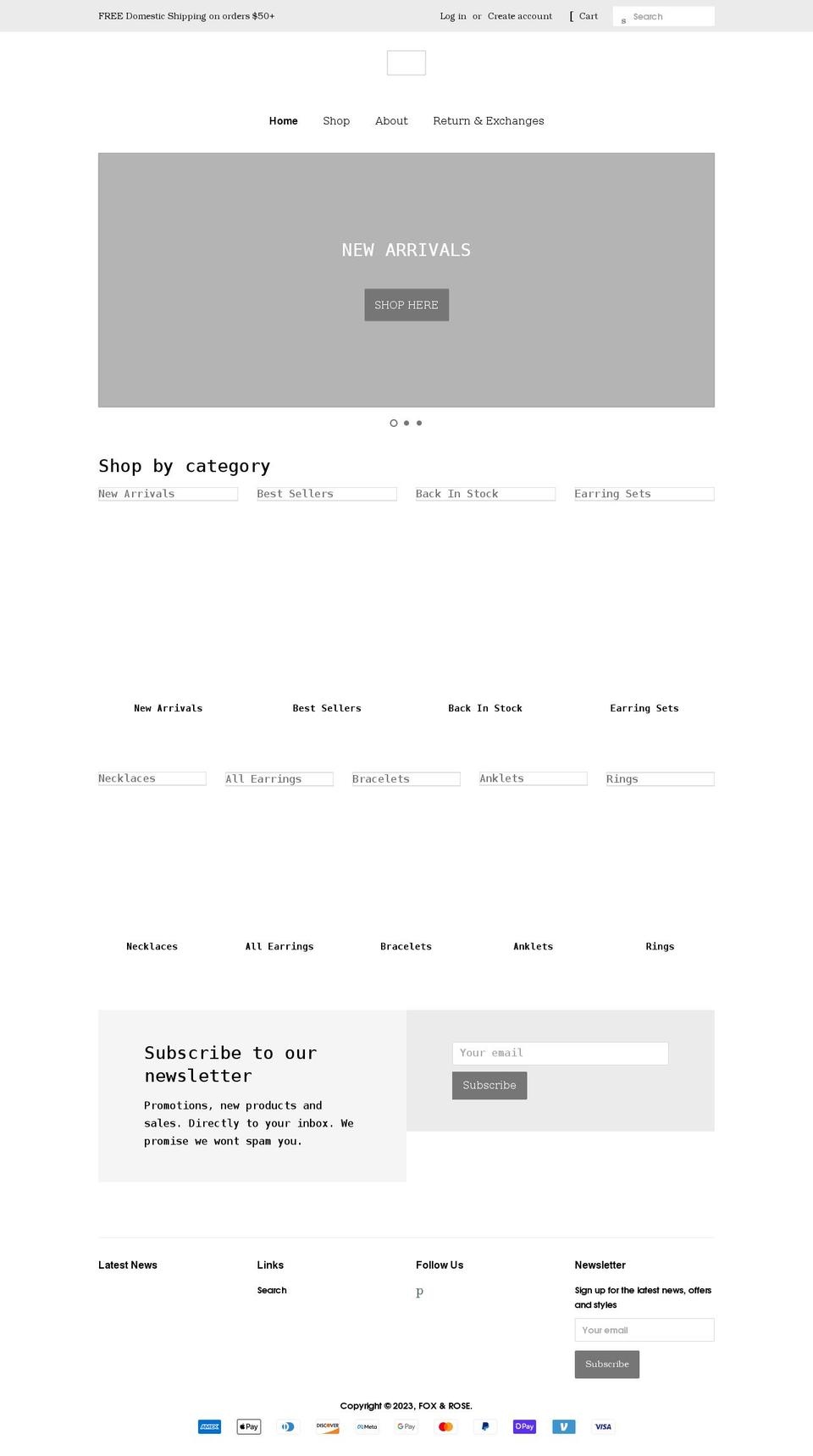 foxandrosethebrand.com shopify website screenshot