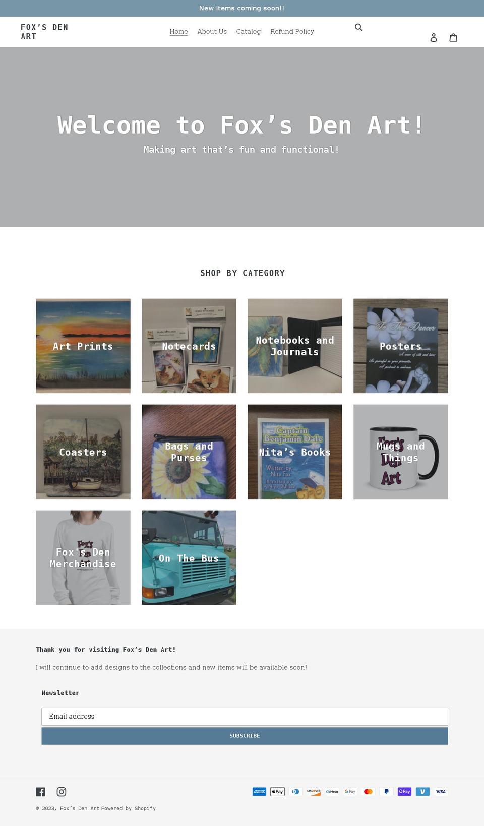foxsdenart.com shopify website screenshot