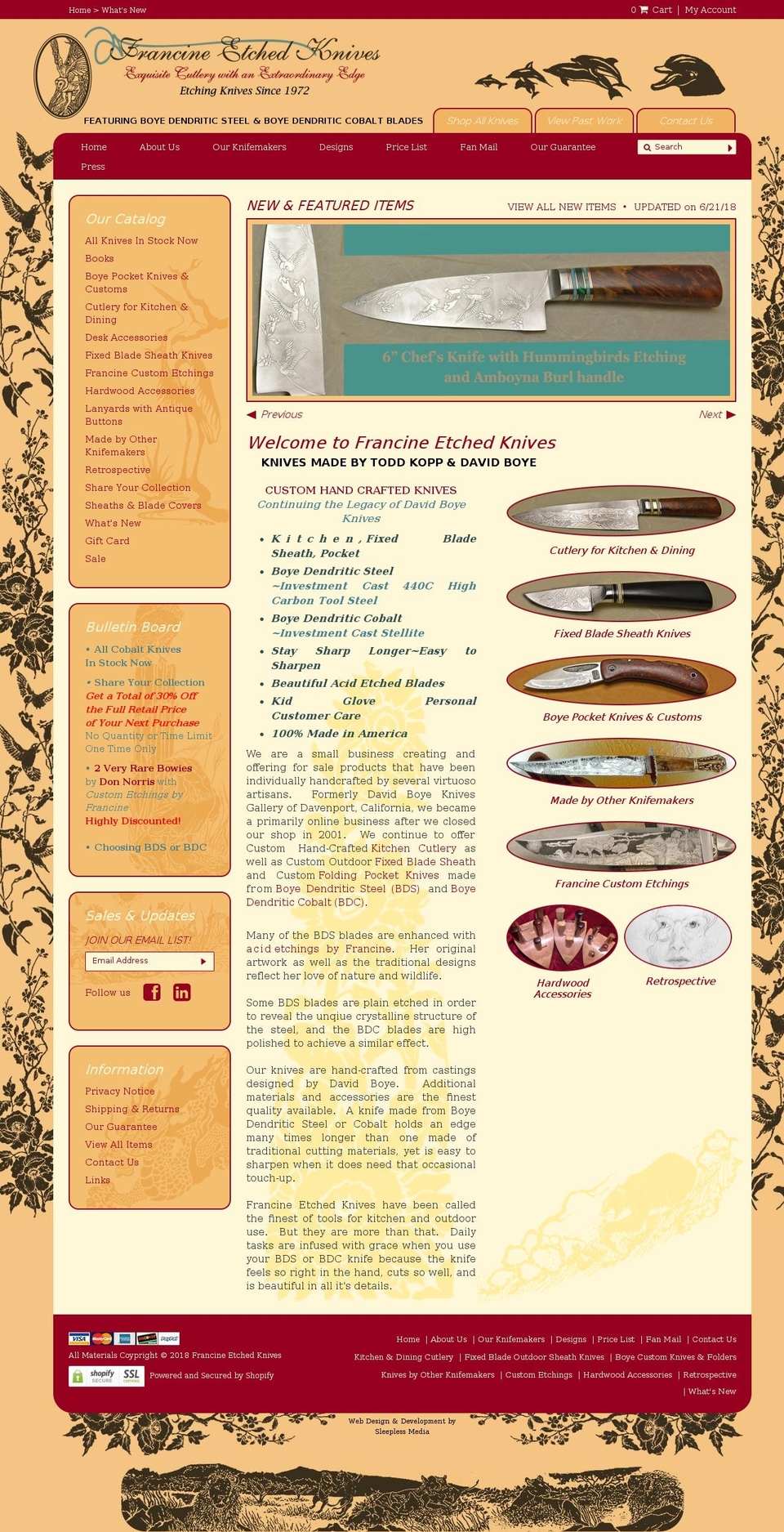 Francine Etched Knives Shopify theme site example francineetchings.com
