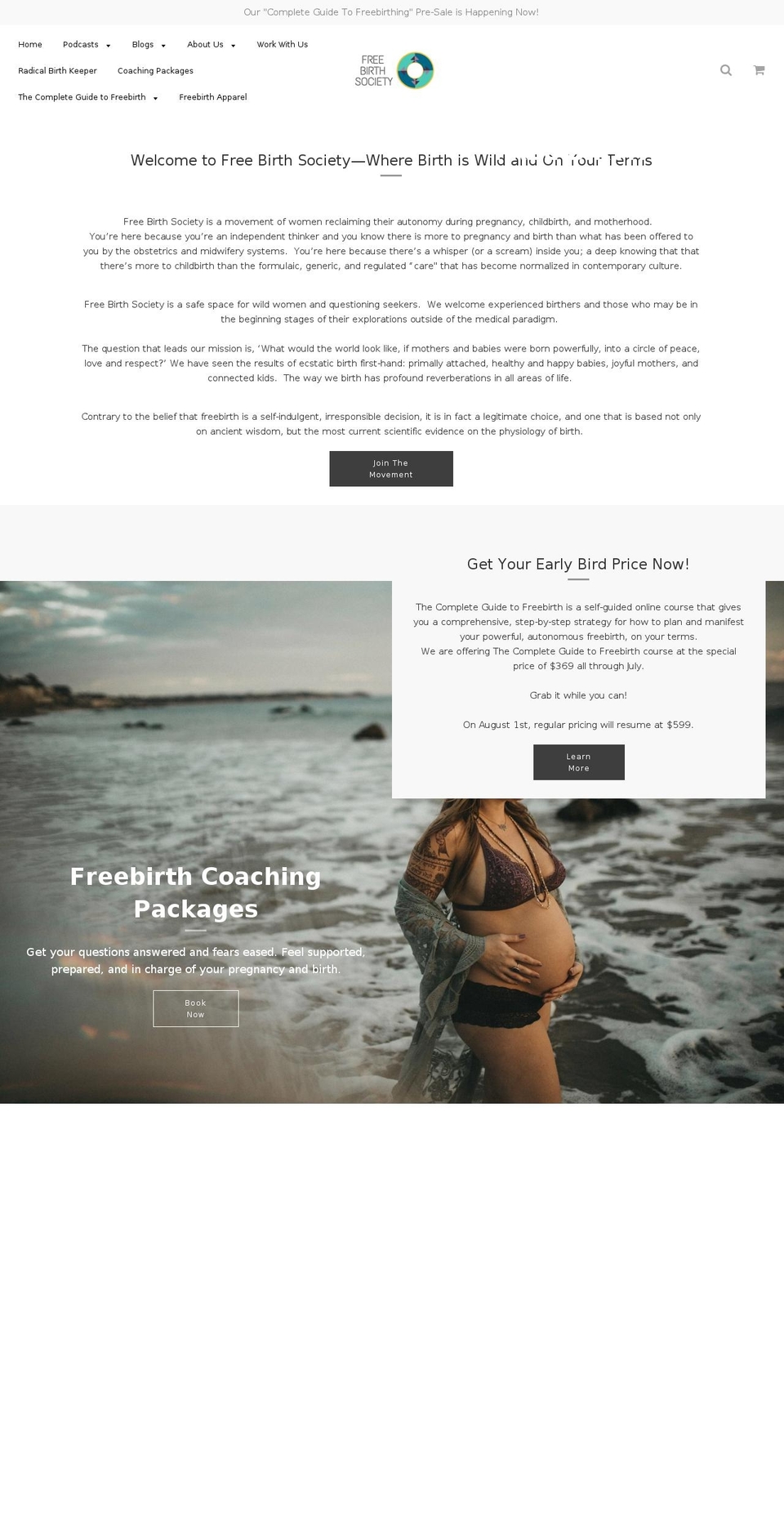 freebirthsociety.com — Shopify storefront screenshot