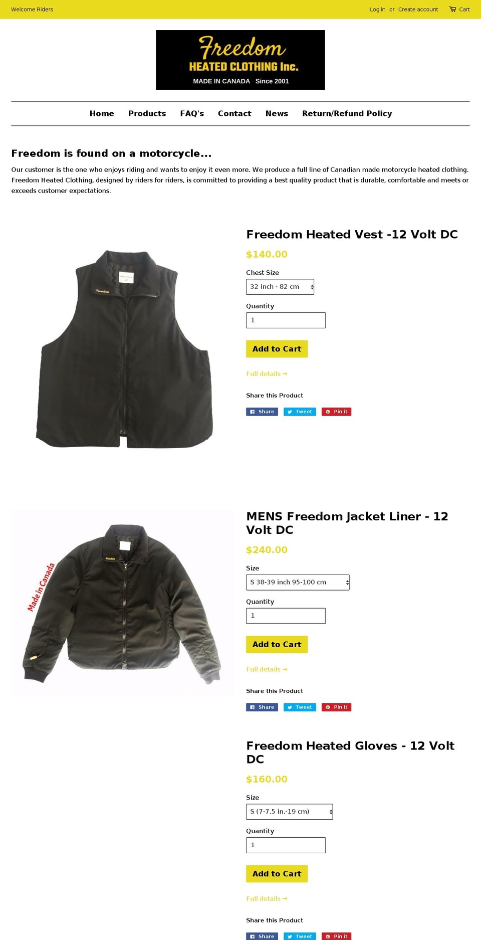 freedomheatedclothing.com — Shopify storefront screenshot