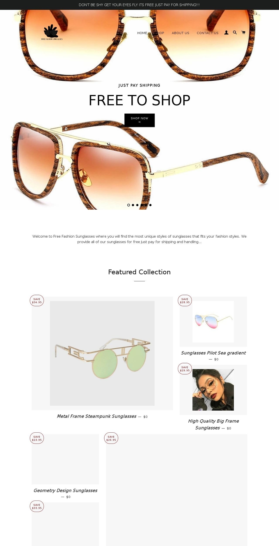 freefashionsunglasses.com — Shopify storefront screenshot