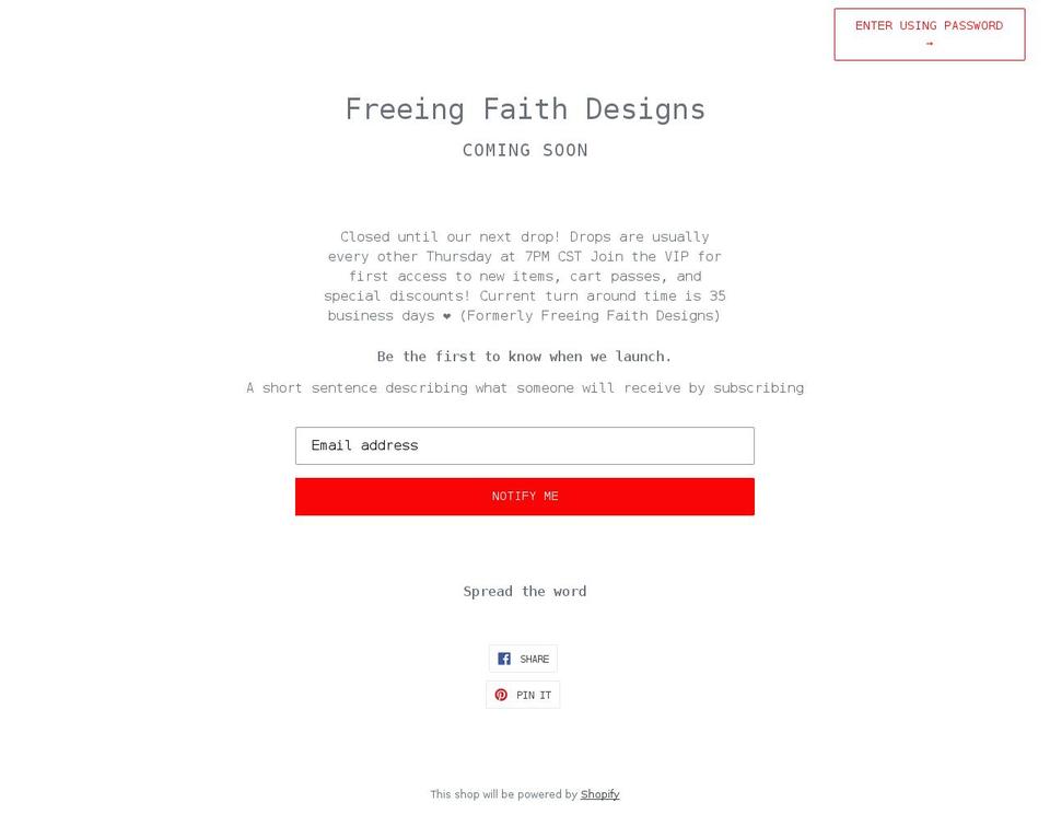 freeingfaithdesigns.com shopify website screenshot