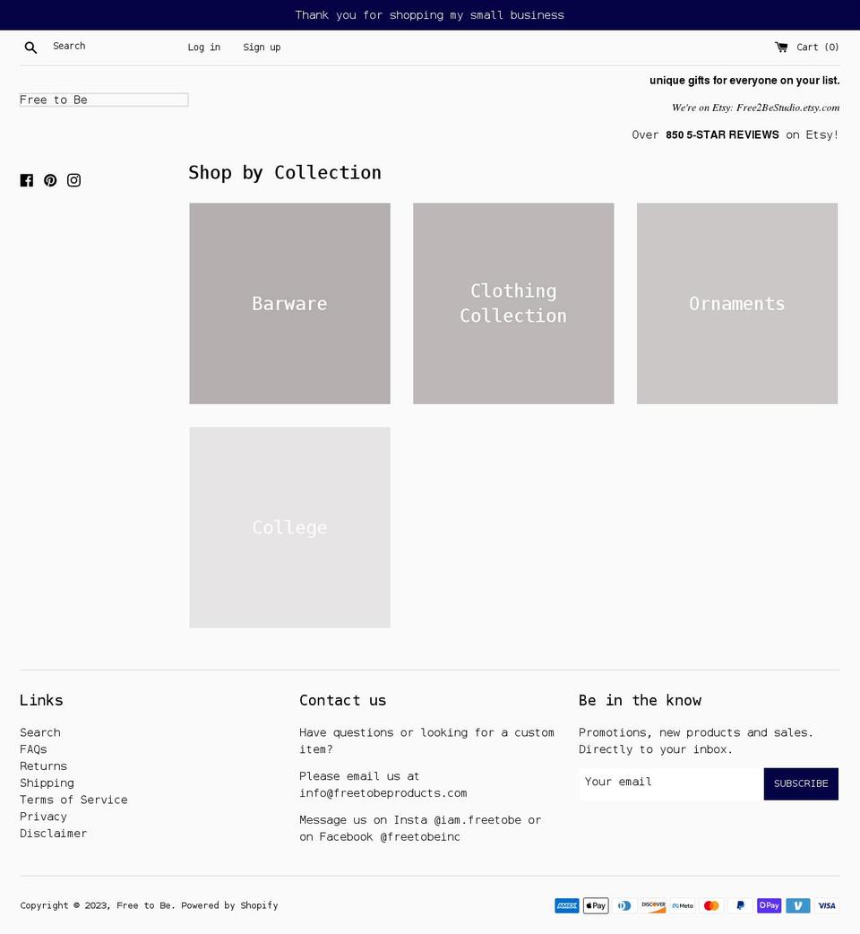 freetobeproducts.com shopify website screenshot