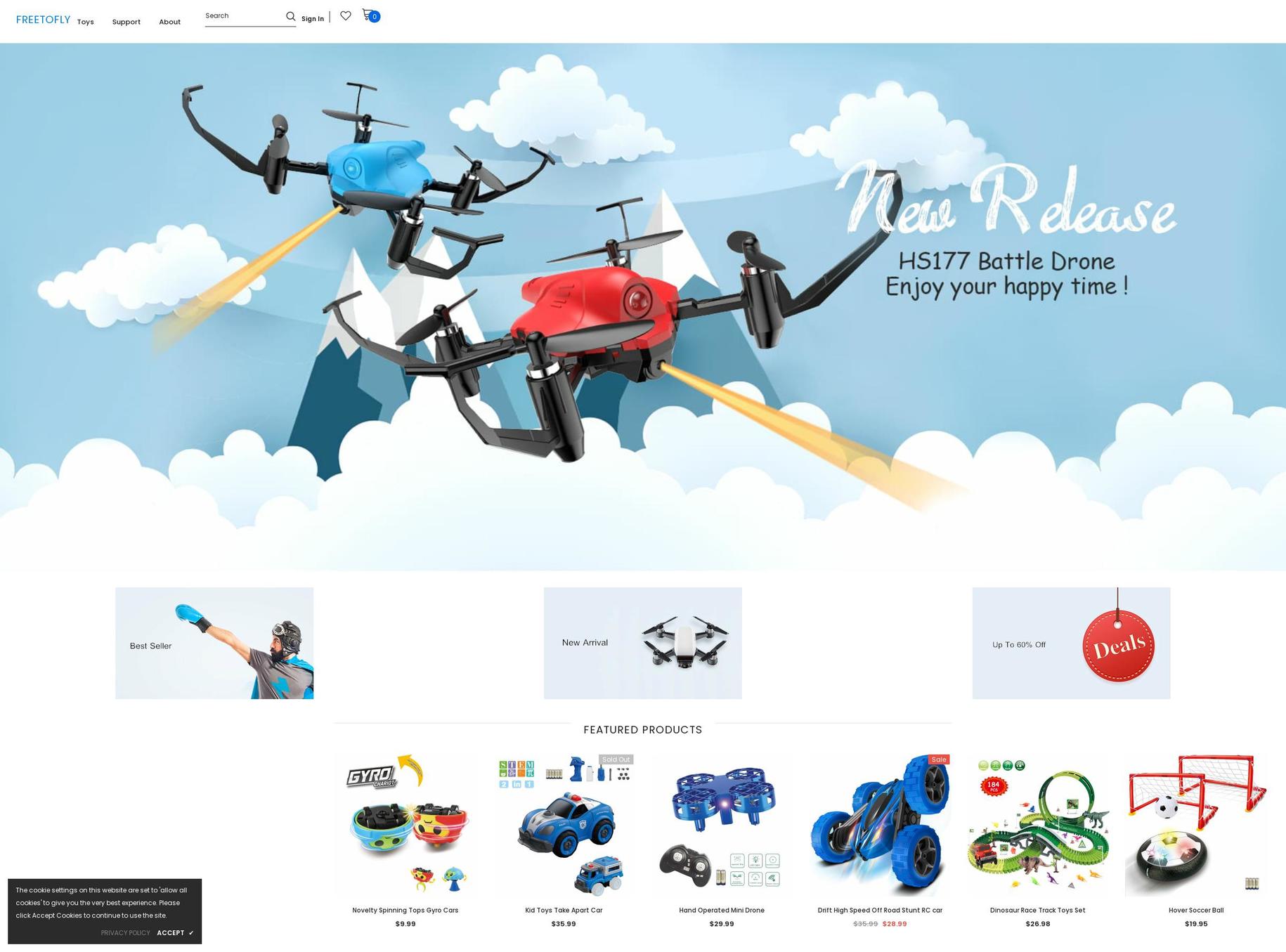 freetoflytoys.com shopify website screenshot