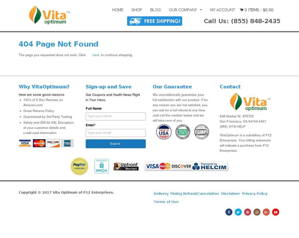 freevitaoptimum.com shopify website screenshot
