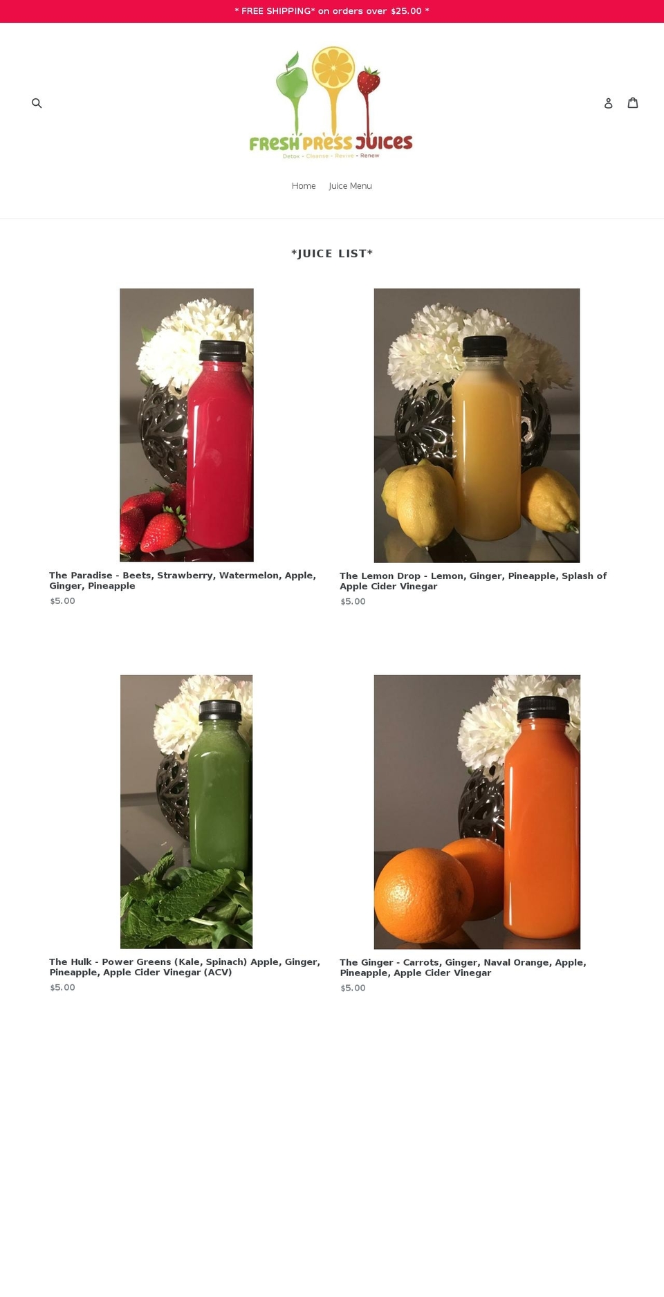 freshpressjuices.com — Shopify storefront screenshot