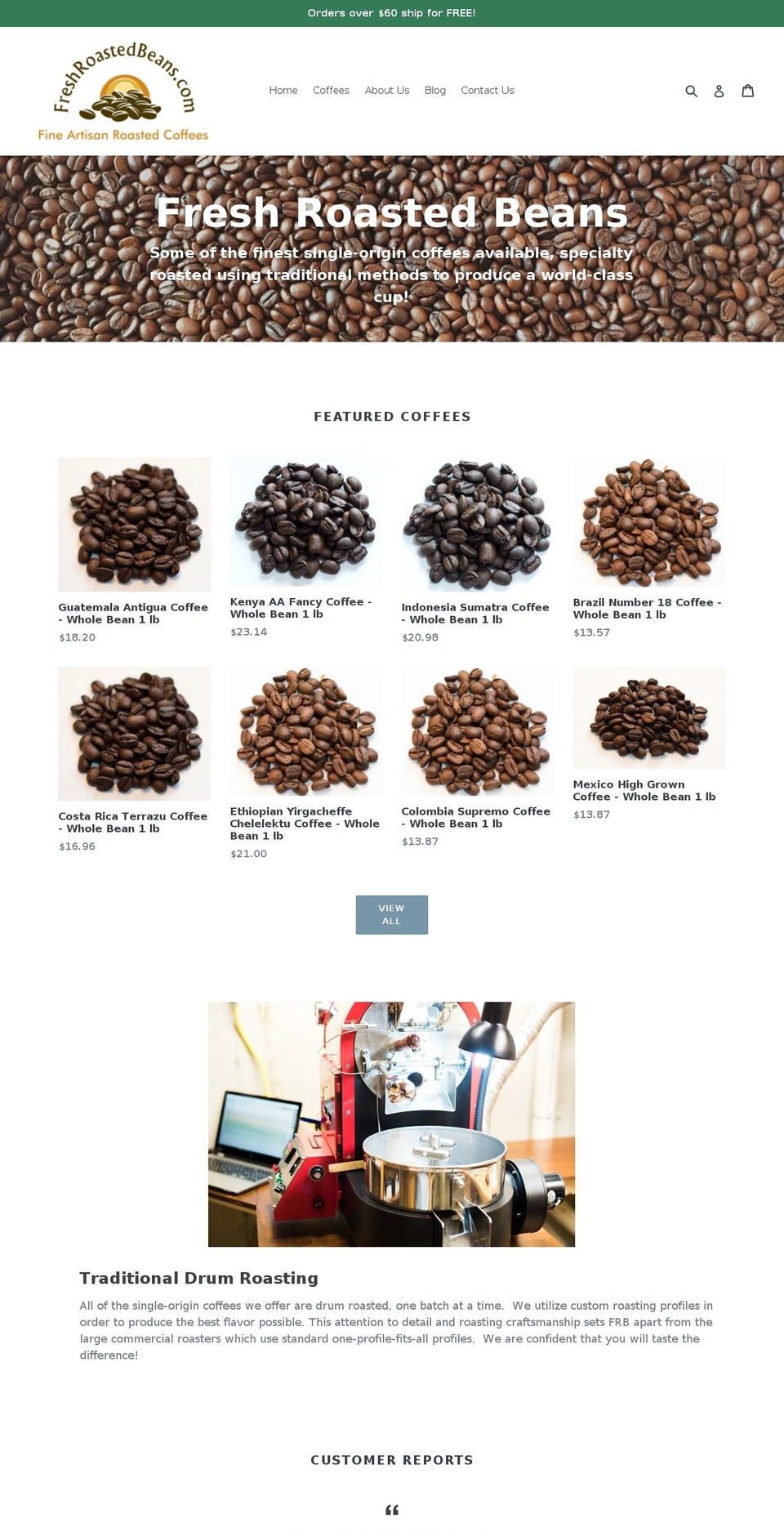 freshroastedbeans.com — Shopify storefront screenshot