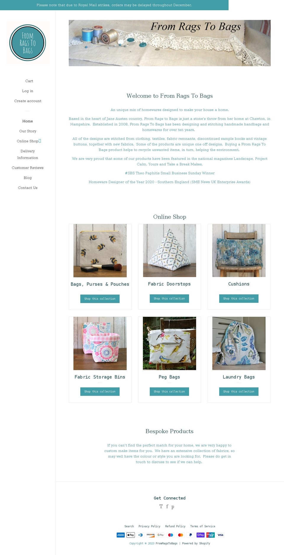 fromragstobags.com shopify website screenshot