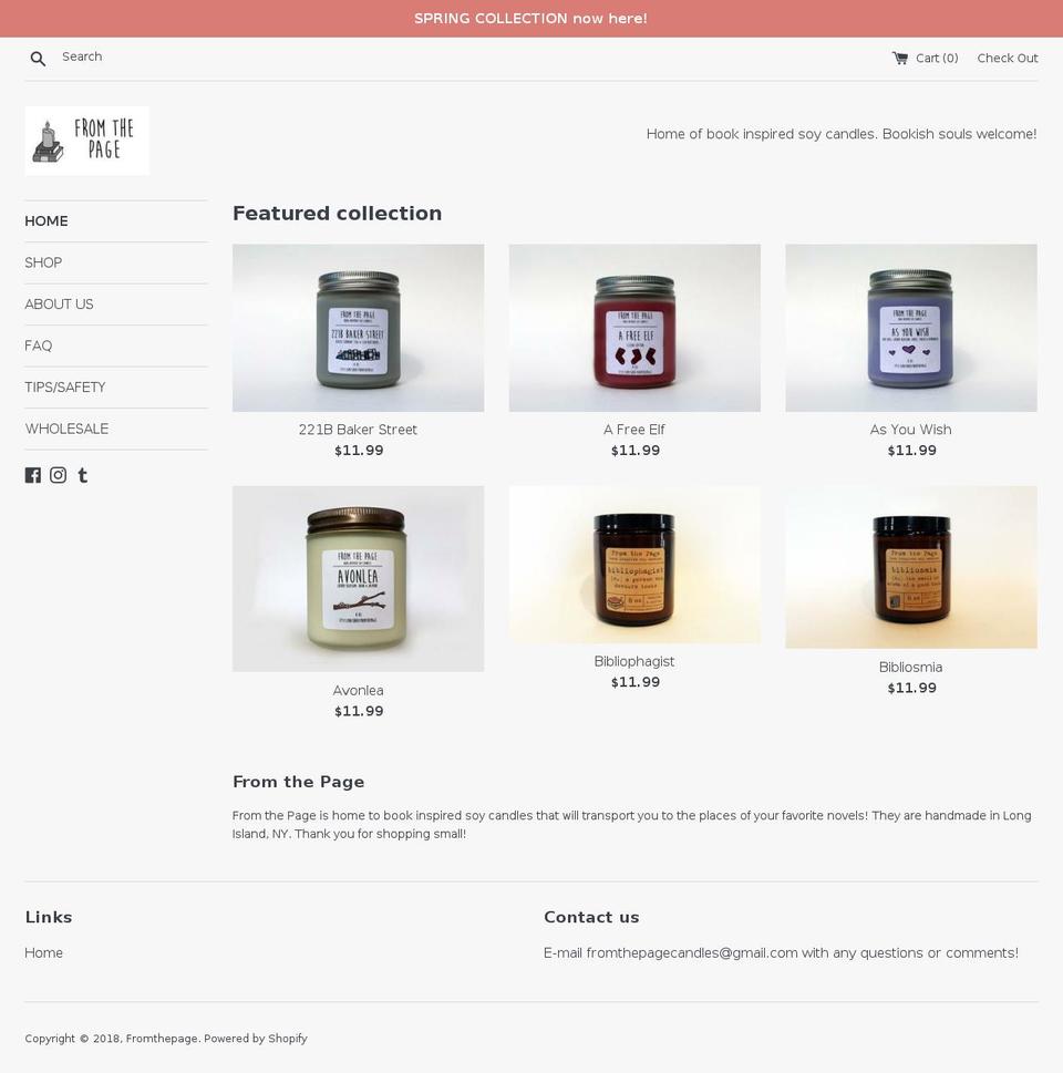fromthepagecandles.com — Shopify storefront screenshot