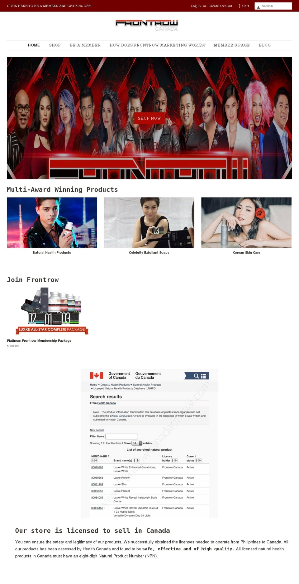 frontrowcanadaofficial.com shopify website screenshot