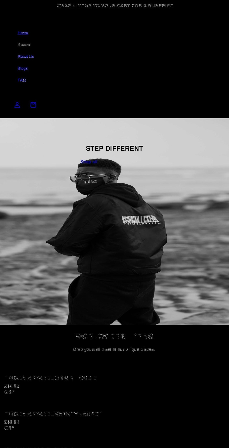 frozenapparel.com shopify website screenshot