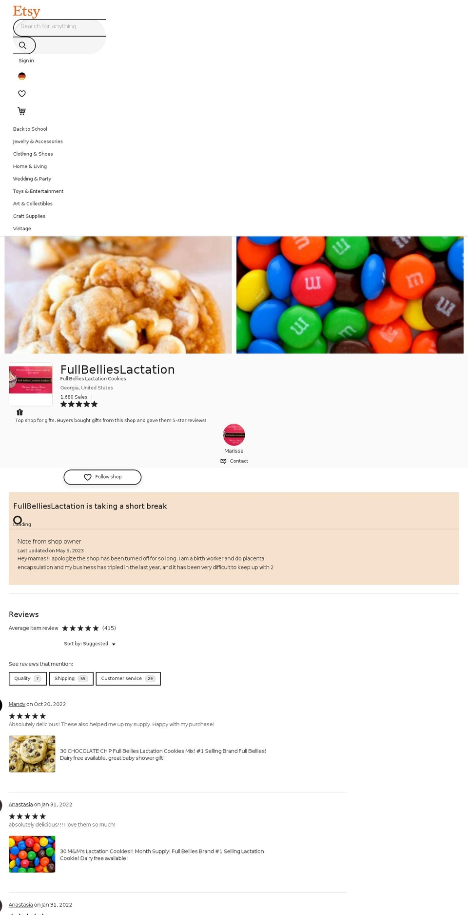 fullbelliescookies.com — Shopify storefront screenshot