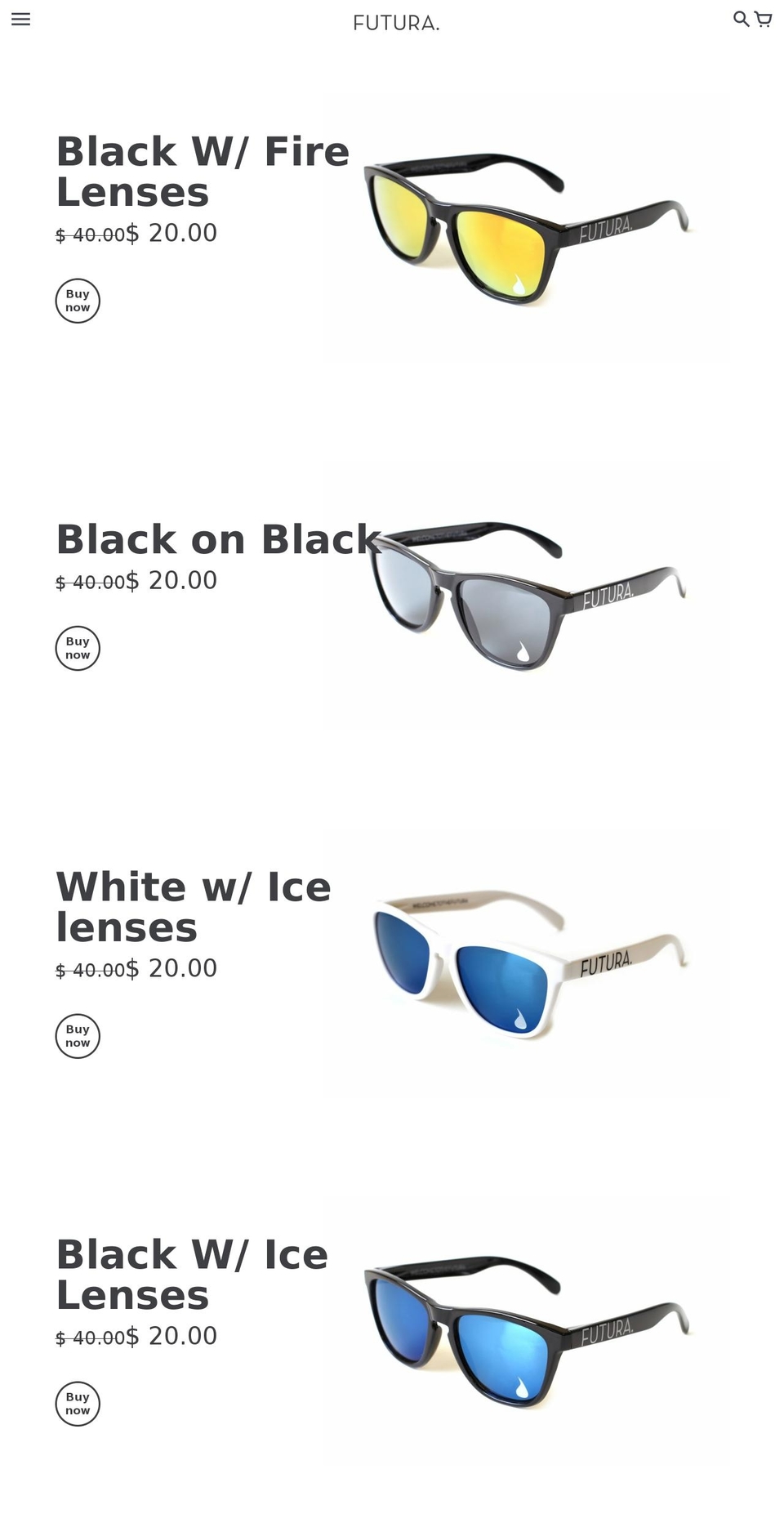 futurasunglasses.com shopify website screenshot