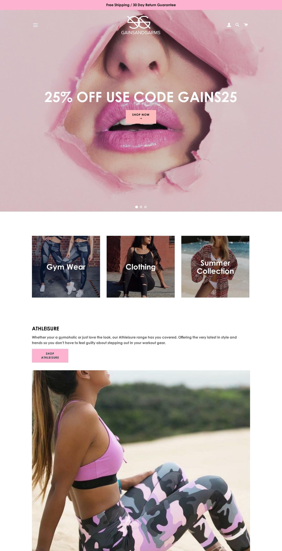 gainsandgarms.com — Shopify storefront screenshot