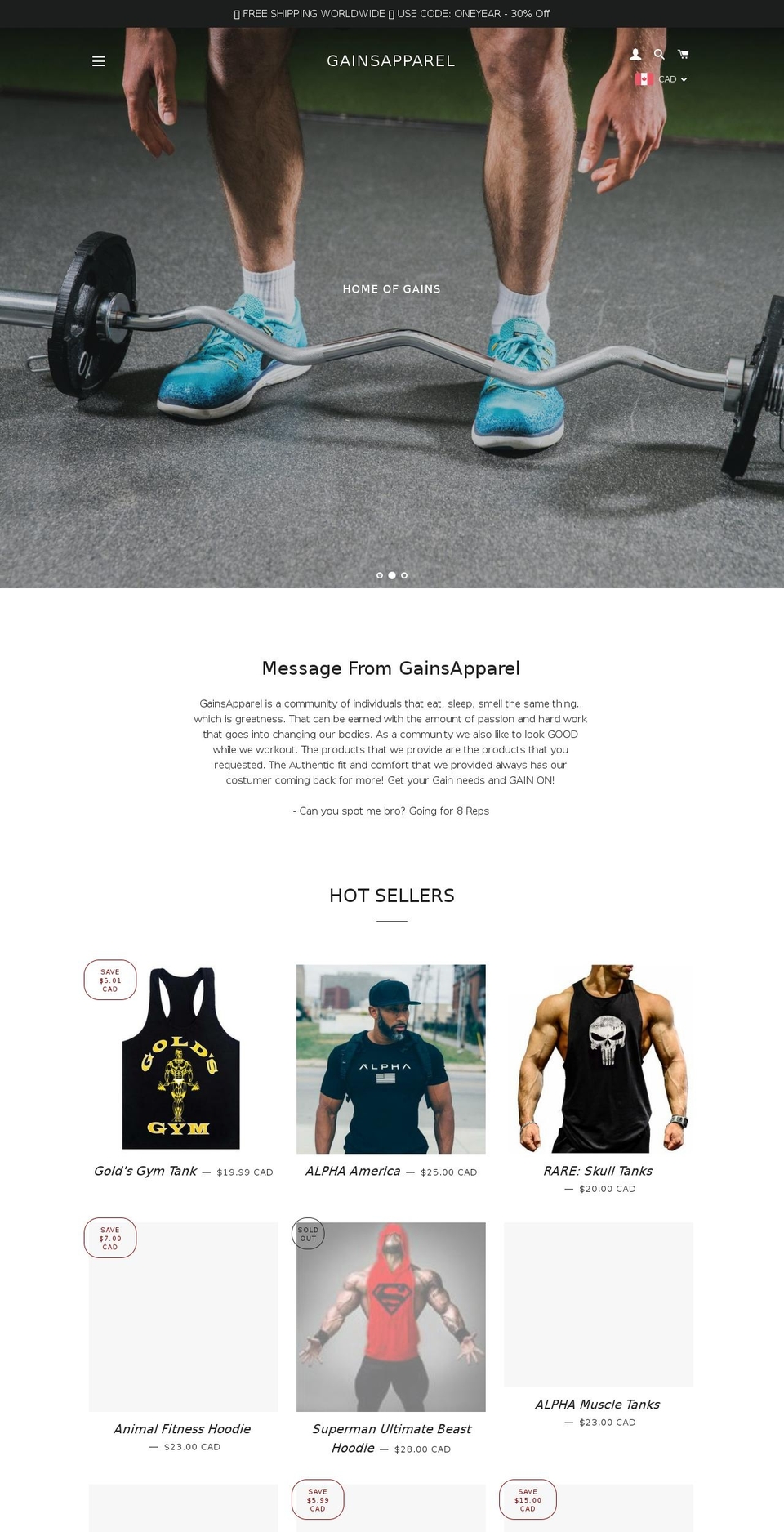 gainsapparel.com — Shopify storefront screenshot