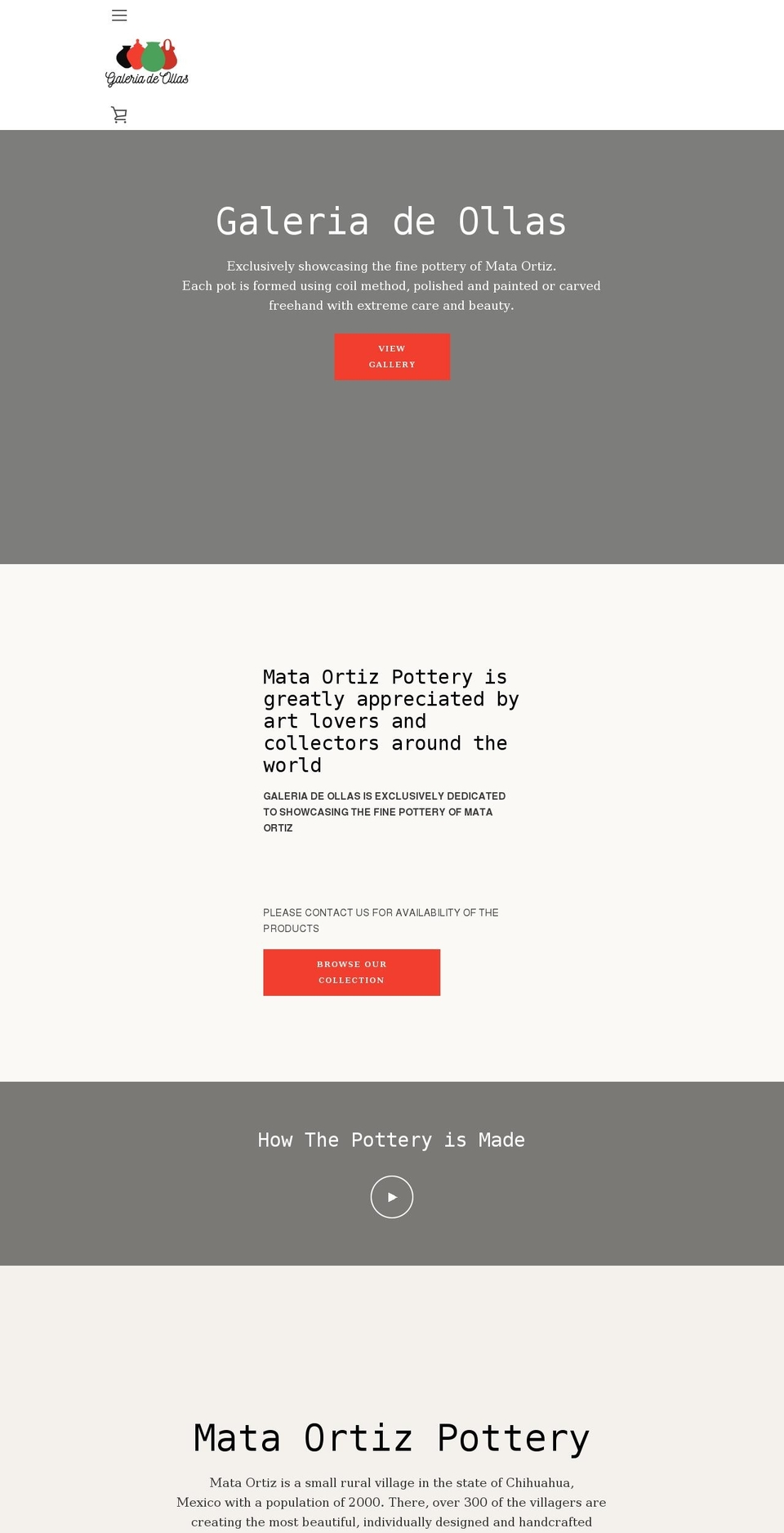 galeriadeollas.com shopify website screenshot